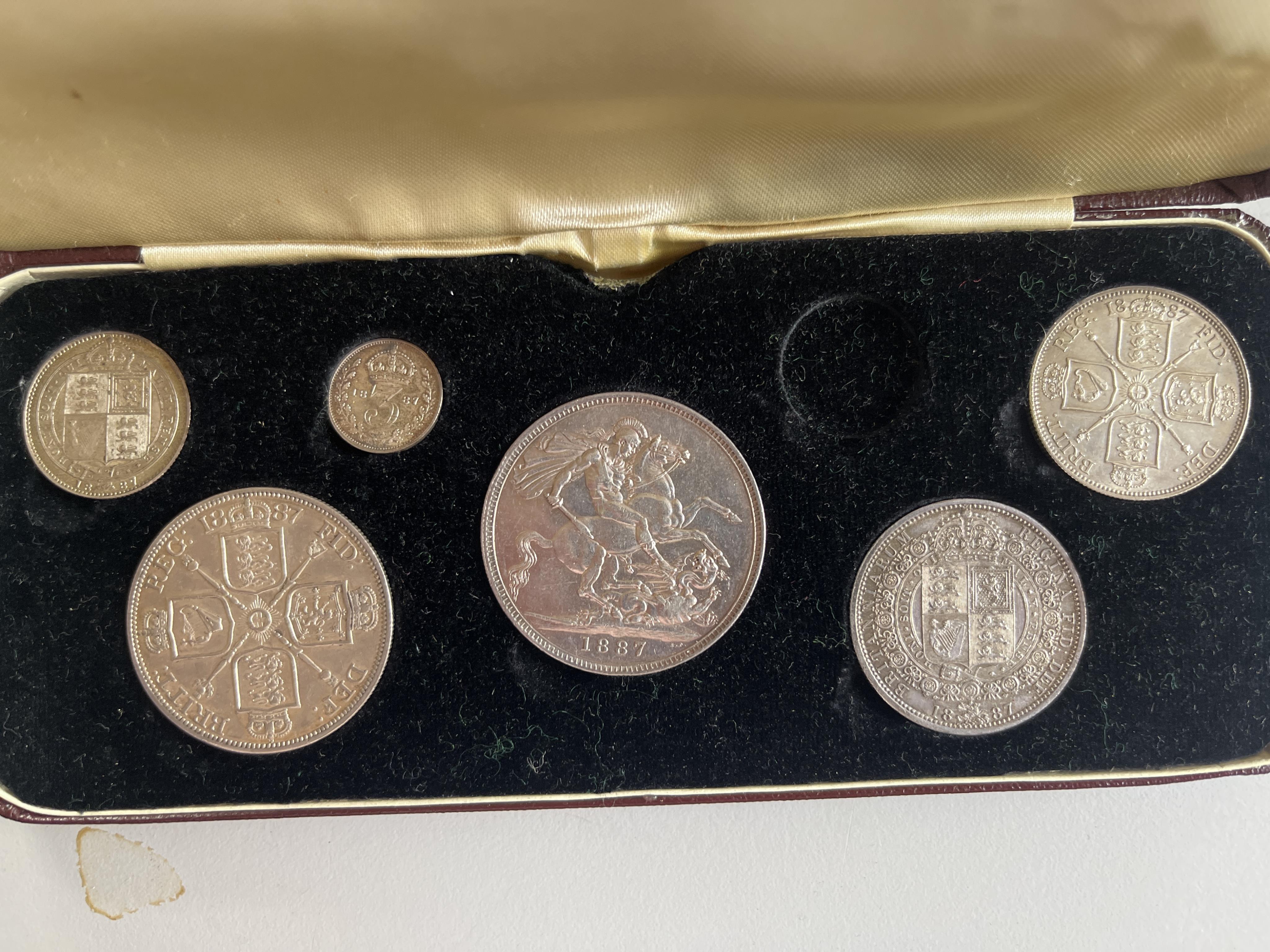 British silver coins, Victoria, 1887 Golden Jubilee specimen coin set, threepence to crown (sixpence lacking), near EF or better